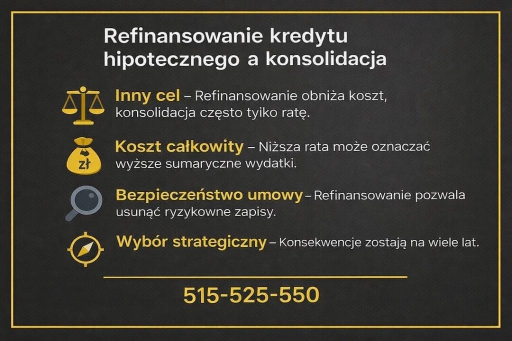 Zmiana warunków kredytu hipotecznego a konsolidacja zobowiązań - porównanie kosztów, bezpieczeństwa umowy i długoterminowych skutków finansowych. Doradca wyjaśnia różnice i pomaga wybrać rozwiązanie korzystniejsze na lata.