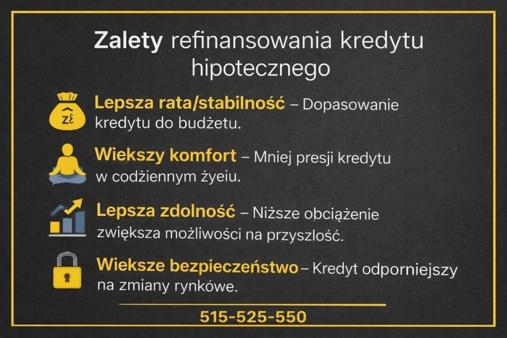 Optymalizacja spłaty poprzez lepszą ratę, większą stabilność i poprawę zdolności kredytowej. Doradca pokazuje, jak bezpieczna zmiana warunków kredytu zwiększa komfort finansowy i odporność na zmiany rynkowe.