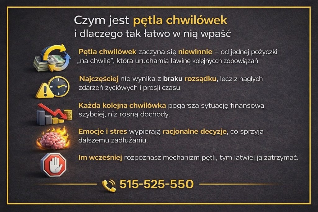Infografika wyjaśniająca, czym jest zadłużenie chwilówkowe i dlaczego tak łatwo w nie wpaść. Grafika pokazuje, że problem zaczyna się od jednej pożyczki, a emocje, presja czasu i spadek racjonalnych decyzji prowadzą do lawiny zobowiązań i utraty kontroli nad budżetem.