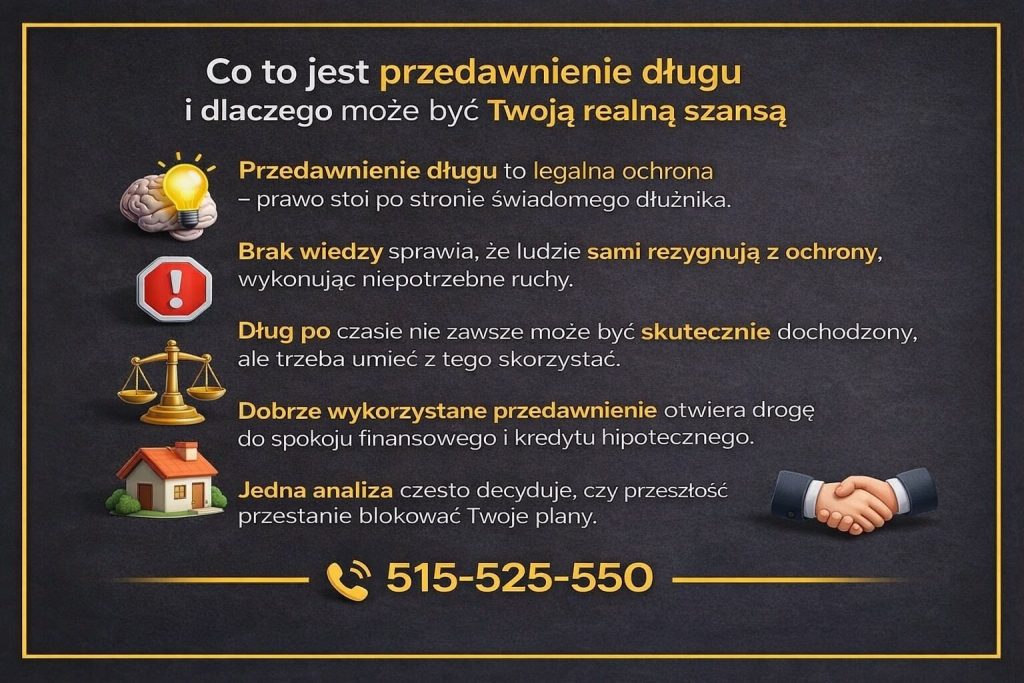 Czym jest przedawnienie roszczeń i dlaczego może być szansą? Infografika pokazuje legalną ochronę, błędy z braku wiedzy oraz że dług po czasie nie zawsze da się skutecznie dochodzić. Podkreśla, że dobrze użyte przepisy pomagają odzyskać spokój i planować kredyt. 515-525-550.