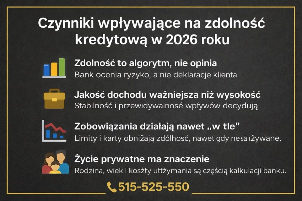 Analiza zdolności kredytowej w 2026 roku przedstawiająca kluczowe czynniki brane pod uwagę przez banki. Infografika pokazuje, że algorytm ocenia stabilność dochodu, zobowiązania, sytuację rodzinną oraz koszty utrzymania, a nie subiektywną ocenę klienta.