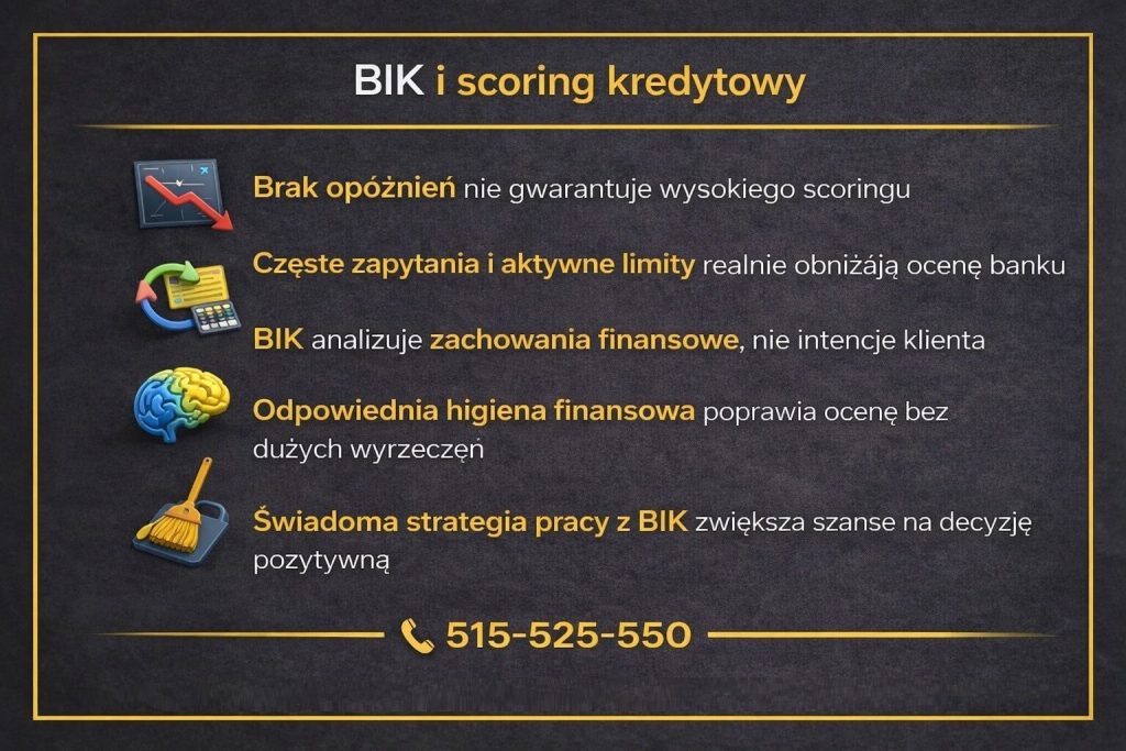 Odmowa udzielenia kredytu często wynika z niskiego scoringu BIK. Grafika pokazuje, że brak opóźnień nie gwarantuje wysokiej oceny banku, a częste zapytania, aktywne limity i brak higieny finansowej realnie obniżają szanse na pozytywną decyzję kredytową