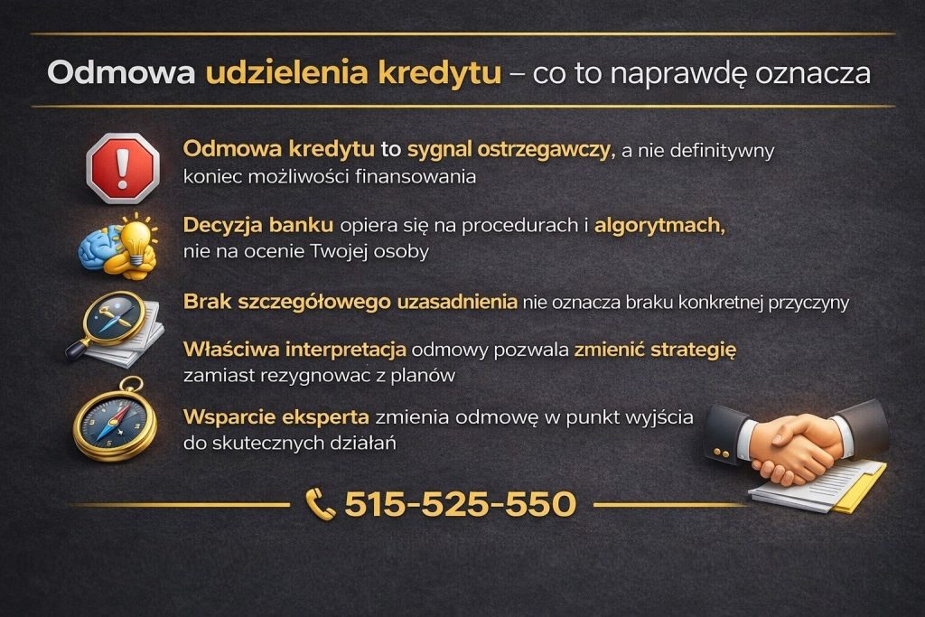Odmowa udzielenia kredytu nie oznacza końca możliwości finansowania. Grafika pokazuje, że decyzja banku opiera się na algorytmach i procedurach, a nie ocenie osoby, a właściwa interpretacja odmowy pozwala zmienić strategię i podjąć skuteczne działania