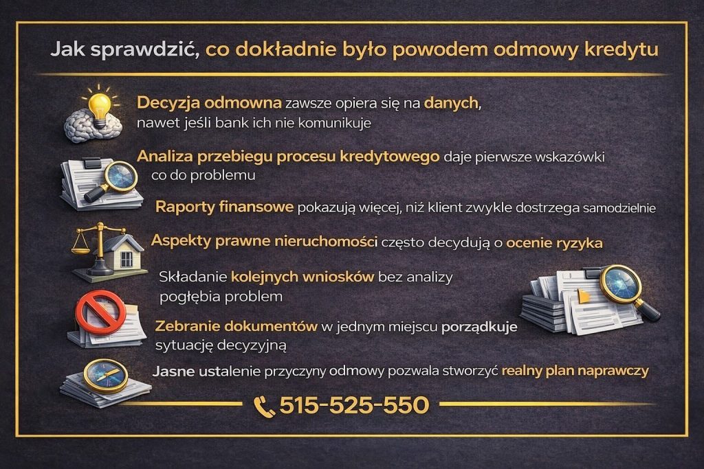 Przyczyna odrzucenia wniosku kredytowego zawsze wynika z danych, nawet jeśli bank ich nie komunikuje. Grafika pokazuje, jak analiza procesu, raportów finansowych i aspektów prawnych nieruchomości pozwala ustalić realny powód odmowy i stworzyć plan naprawczy