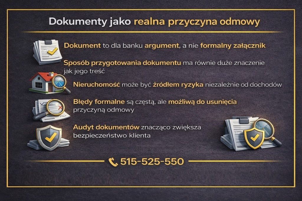 Dokumenty są dla banku argumentem, a nie formalnością. Grafika pokazuje, że sposób przygotowania dokumentacji i stan prawny nieruchomości mogą być realną przyczyną negatywnej decyzji kredytowej, a audyt dokumentów znacząco zwiększa bezpieczeństwo klienta
