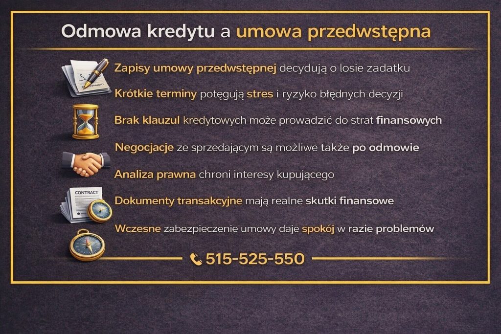 Odmowa udzielenia kredytu ma realne skutki dla umowy przedwstępnej. Grafika pokazuje, że zapisy umowy decydują o losie zadatku, krótkie terminy zwiększają stres, a brak klauzul kredytowych może prowadzić do strat finansowych bez odpowiedniego zabezpieczenia prawnego