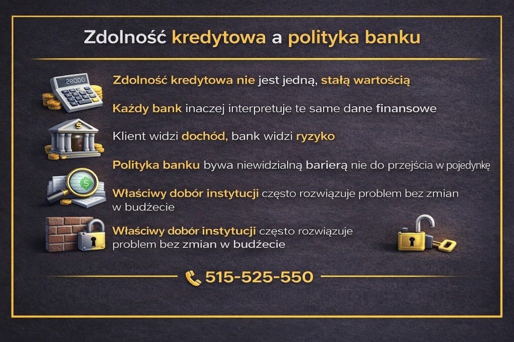 Negatywna decyzja banku często wynika z polityki kredytowej, a nie faktycznego braku zdolności. Grafika pokazuje, że każdy bank inaczej interpretuje te same dane finansowe, a właściwy dobór instytucji może rozwiązać problem bez zmian w budżecie klienta