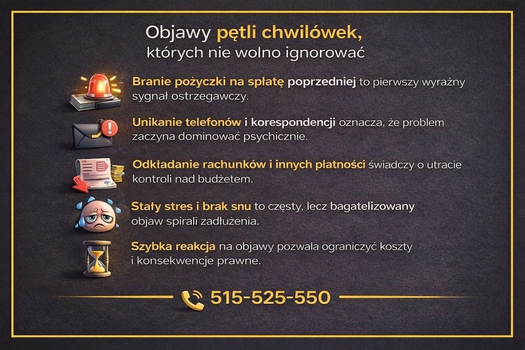 Infografika pokazująca objawy spirali chwilówek, których nie wolno ignorować. Wskazuje branie pożyczki na spłatę poprzedniej, unikanie telefonów, odkładanie rachunków, przewlekły stres oraz znaczenie szybkiej reakcji, która pozwala ograniczyć koszty i konsekwencje prawne.