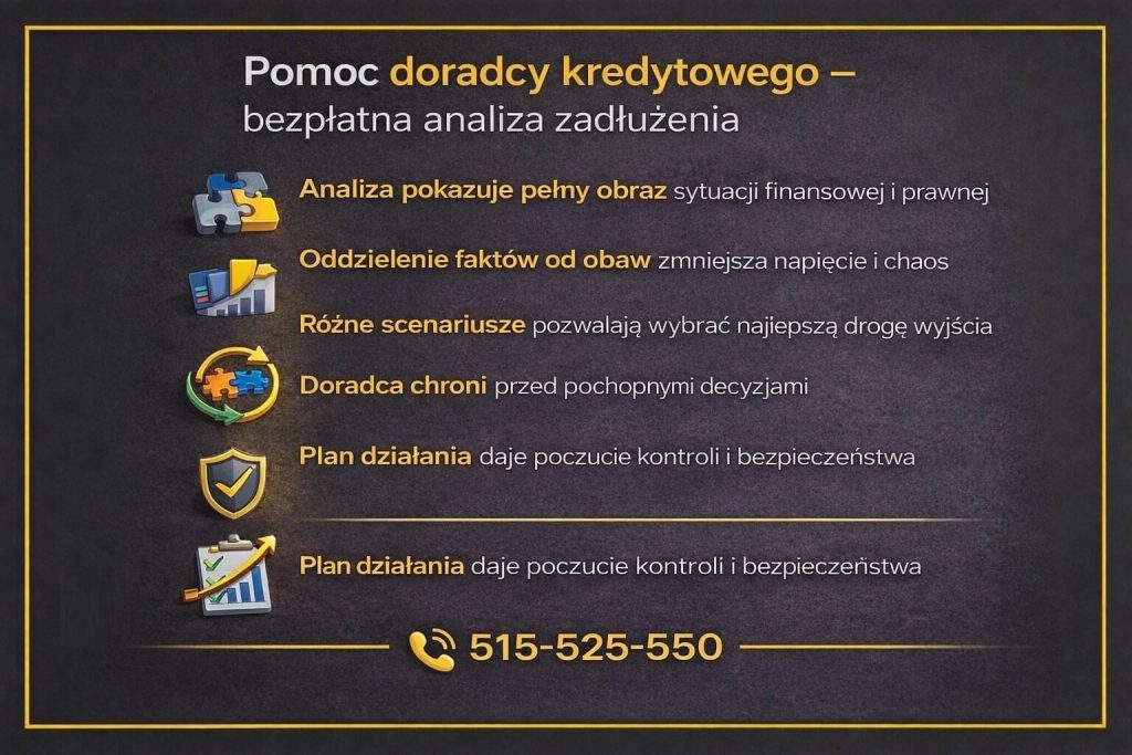 Infografika prezentująca pomoc doradcy kredytowego przy zadłużeniu chwilówkowym. Pokazuje analizę pełnej sytuacji finansowej i prawnej, oddzielenie faktów od obaw, różne scenariusze wyjścia oraz plan działania, który daje poczucie kontroli i bezpieczeństwa finansowego.