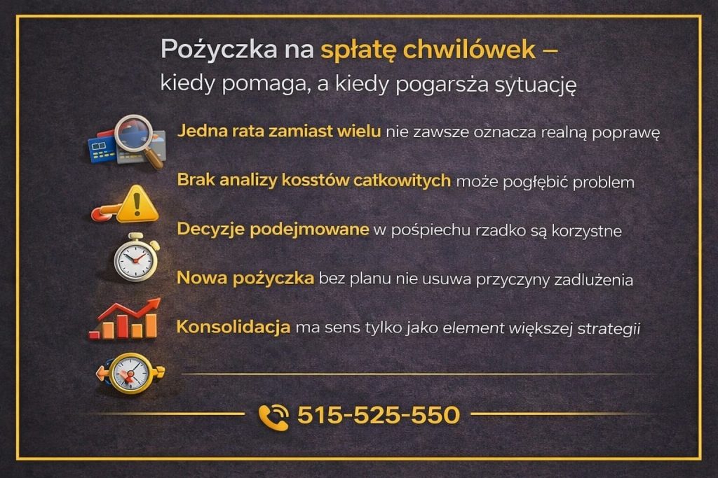 Infografika wyjaśniająca, kiedy pożyczka na spłatę chwilówek może pomóc, a kiedy pogarsza sytuację zadłużenia. Grafika pokazuje ryzyko decyzji podejmowanych w pośpiechu, brak analizy kosztów całkowitych oraz fakt, że konsolidacja ma sens tylko jako część większej strategii.