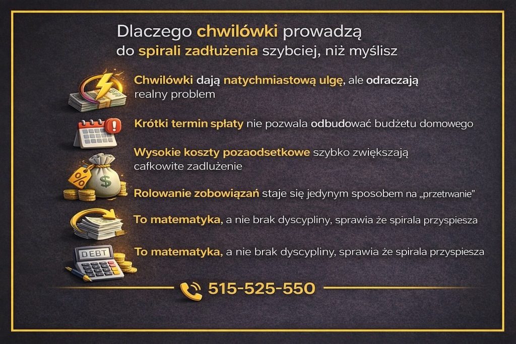 Infografika pokazująca, dlaczego chwilówki prowadzą do spirali zadłużenia szybciej, niż się wydaje. Przedstawia krótkie terminy spłaty, wysokie koszty pozaodsetkowe, rolowanie zobowiązań oraz mechanizm finansowy, który przyspiesza narastanie długu mimo starań dłużnika.