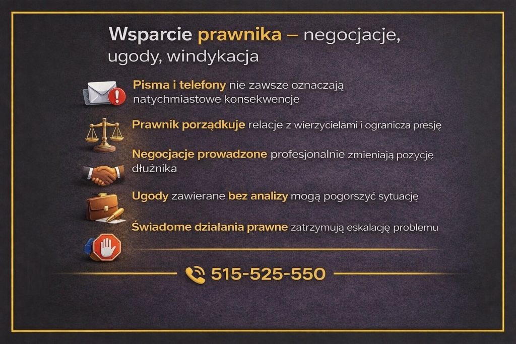 Infografika prezentująca wsparcie prawnika przy spirali zadłużenia z chwilówek. Pokazuje znaczenie negocjacji z wierzycielami, świadomych ugód, ograniczania presji windykacyjnej oraz działań prawnych, które pomagają zatrzymać eskalację problemu finansowego.