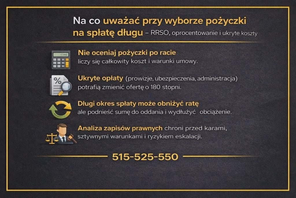 Pożyczka na spłatę długu przy wpisach w BIK i KRD - grafika informacyjna pokazująca konsekwencje finansowe i prawne zadłużenia. Materiał wyjaśnia ryzyko kosztów, znaczenie strategii spłaty, ochronę prawną przy windykacji oraz potrzebę planu przed podjęciem decyzji finansowej.
