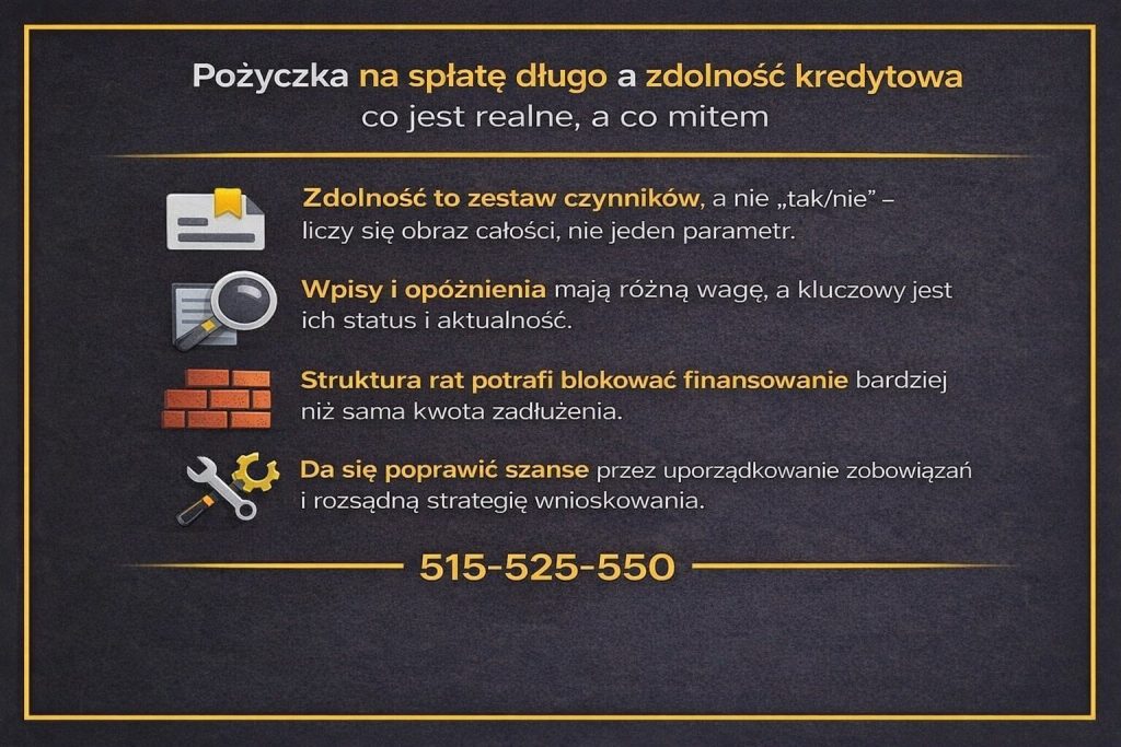Wpływ spłaty zadłużenia na zdolność kredytową - grafika edukacyjna wyjaśniająca mity i fakty. Pokazuje znaczenie struktury rat, aktualności wpisów, całościowej oceny finansowej oraz działań, które mogą realnie poprawić szanse na uzyskanie finansowania.