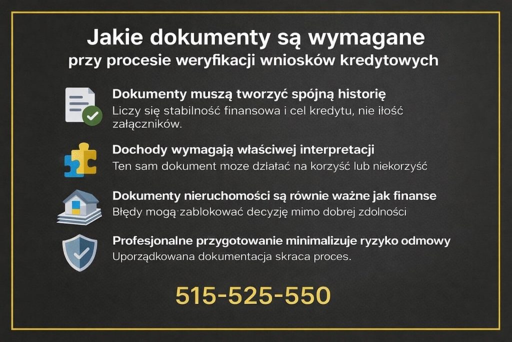 Wymagane dokumenty przy weryfikacji wniosku o kredyt hipoteczny. Grafika pokazuje, że dokumentacja musi tworzyć spójną historię finansową, obejmując dochody, cel kredytu oraz dokumenty nieruchomości, aby ograniczyć ryzyko odmowy decyzji banku.