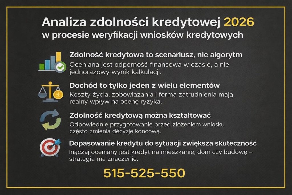 Analiza zdolności kredytowej 2026 w procesie weryfikacji wniosków kredytowych. Grafika pokazuje, że ocena banku obejmuje odporność finansową w czasie, koszty życia, zobowiązania i formę zatrudnienia, a nie tylko jednorazowy wynik kalkulacji dochodu.