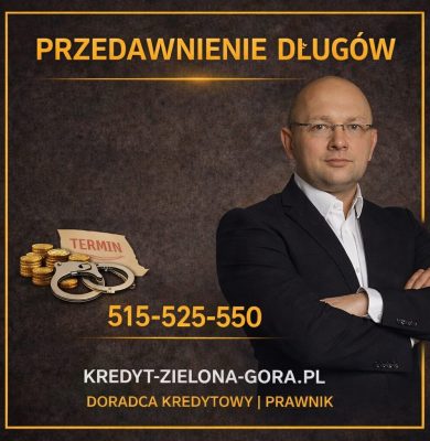 Przedawnienie długów - grafika z doradcą kredytowym i prawnikiem, symbolem terminów (kajdanki, monety, kartka „termin”) oraz numerem 515-525-550. Pomaga zrozumieć, kiedy roszczenie się przedawnia i jak chronić zdolność kredytową. Sprawdź przed wpłatą lub rozmową z windykacją