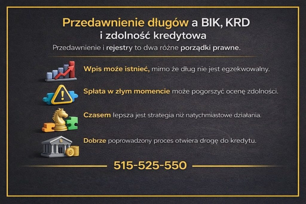 Przedawnienie długów a BIK i KRD - infografika pokazuje, że wpis w rejestrach może pozostać mimo braku egzekucji. Ostrzega przed spłatą w złym momencie i podkreśla rolę strategii w budowaniu zdolności kredytowej. Tel. 515-525-550. Sprawdź terminy wpisy i plan przed kredytem!