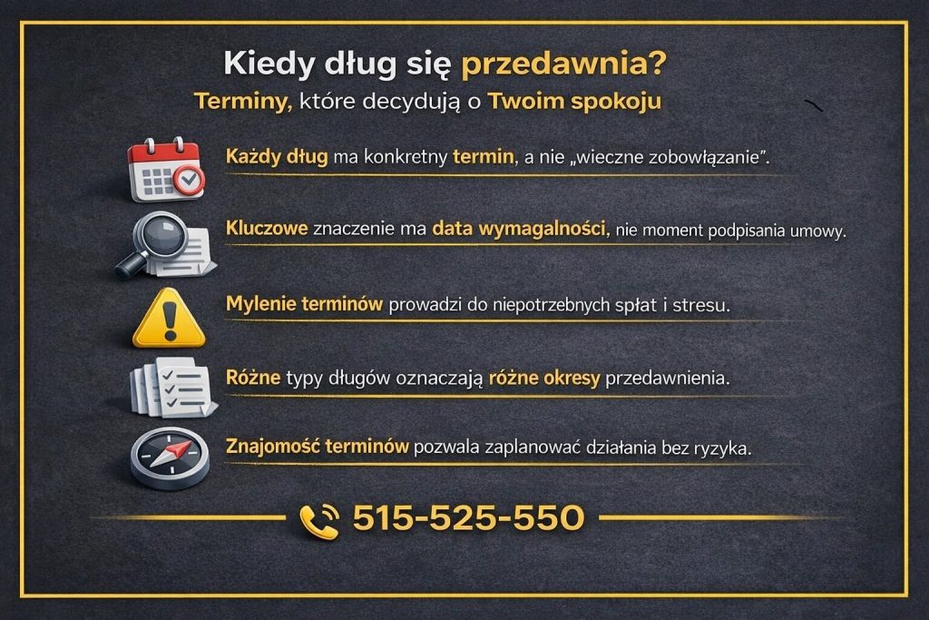 Kiedy dług się przedawnia? Przedawnienie długów w pigułce: liczy się data wymagalności, a różne typy zobowiązań mają różne terminy. Infografika ostrzega przed myleniem dat i pokazuje, że znajomość terminów pozwala działać bez ryzyka. 515-525-550. Ustal datę wymagalności rat.