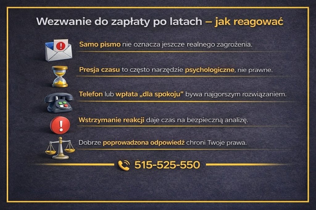 Wezwanie do zapłaty po latach - grafika podpowiada, jak reagować bez utraty ochrony. Wskazuje, że presja czasu bywa psychologiczna, a telefon lub wpłata „dla spokoju” to ryzyko. Zachęca do wstrzymania reakcji i bezpiecznej analizy sprawy. 515-525-550. Najpierw analiza, potem