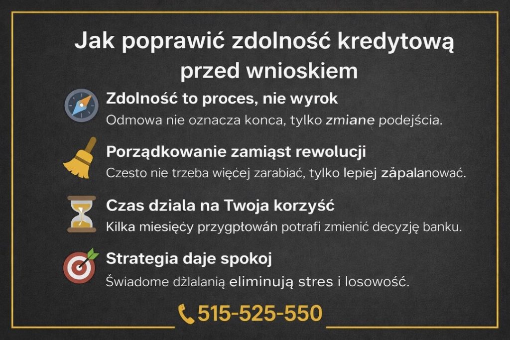 Przygotowania przed złożeniem wniosku o kredyt hipoteczny. Infografika pokazuje, że poprawa zdolności to proces oparty na porządkowaniu zobowiązań, planowaniu w czasie i strategii, a nie na gwałtownych zmianach dochodu.