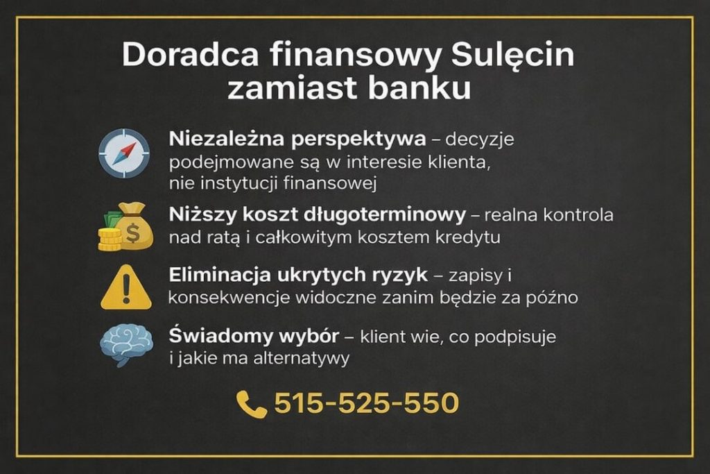 Doradca kredytowy Sulęcin zamiast banku. Niezależne doradztwo finansowe, realna kontrola kosztów kredytu hipotecznego, eliminacja ukrytych ryzyk oraz świadome decyzje kredytowe podejmowane w interesie klienta, a nie instytucji finansowej.
