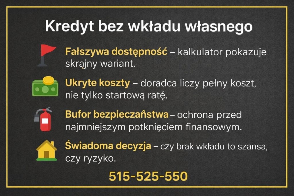 Kredyt hipoteczny bez wkładu własnego - grafika pokazująca ryzyka skrajnych wariantów z kalkulatora. Doradca kredytowy analizuje pełny koszt, bufor bezpieczeństwa i realne możliwości klienta, pomagając ocenić, czy brak wkładu to szansa czy zagrożenie.