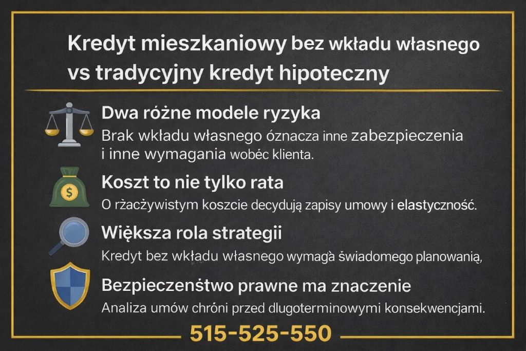 Kredyt hipoteczny bez wkładu własnego w porównaniu do tradycyjnego finansowania – infografika pokazująca różne modele ryzyka, rzeczywiste koszty umowy, większą rolę strategii oraz znaczenie analizy prawnej dla długoterminowego bezpieczeństwa klienta.