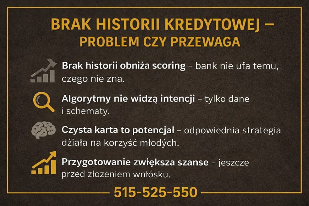 Kredyt z perspektywy braku historii kredytowej. Grafika wyjaśnia, jak brak historii wpływa na ocenę banku, dlaczego algorytmy nie analizują intencji oraz jak odpowiednia strategia zwiększa szanse młodych na uzyskanie kredytu.
