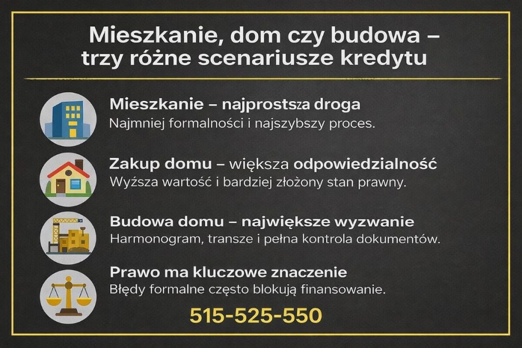 Grafika prezentująca trzy scenariusze kredytowe, różnice w formalnościach, stopień skomplikowania procesu oraz kluczową rolę prawa i kompletnej dokumentacji w uzyskaniu finansowania.