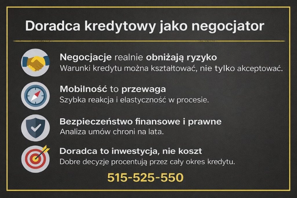 Infografika pokazująca rolę negocjacji, mobilności, bezpieczeństwa finansowego i prawnego oraz długoterminowe korzyści z profesjonalnego wsparcia w procesie kredytowym.