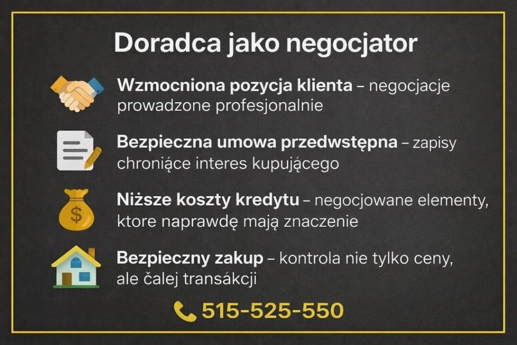 Negocjacje kredytowe. Profesjonalne wsparcie w negocjowaniu warunków kredytu hipotecznego, analiza umowy przedwstępnej oraz kontrola całego procesu zakupu nieruchomości. Niższe koszty kredytu i bezpieczna transakcja.