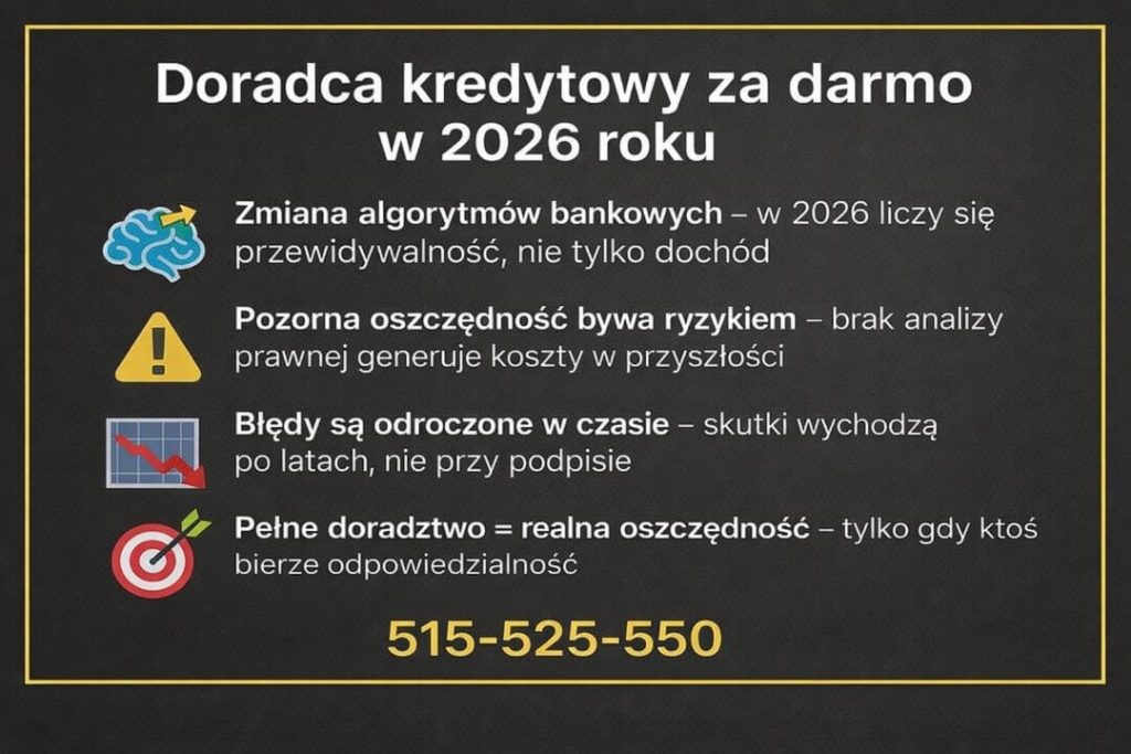 Doradca kredytowy za darmo w 2026 roku wyjaśniający zmiany algorytmów bankowych, znaczenie przewidywalności dochodu oraz rolę analizy prawnej. Grafika pokazuje, dlaczego pełne doradztwo kredytowe chroni klienta przed kosztownymi błędami w przyszłości.