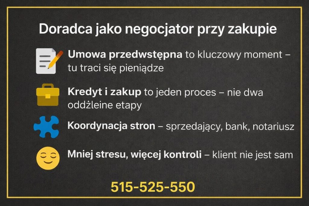 Doradca kredytowy za darmo wspierający klienta przy zakupie nieruchomości, analizie umowy przedwstępnej i koordynacji banku, sprzedającego oraz notariusza. Grafika pokazuje, jak negocjacje i kontrola procesu ograniczają stres i ryzyko finansowe.