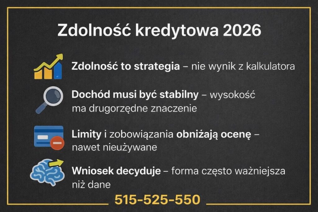 Zdolność kredytowa w 2026 roku. Grafika pokazuje, że zdolność to strategia, stabilność dochodu oraz właściwa forma wniosku, a nie jedynie wynik kalkulatora bankowego.