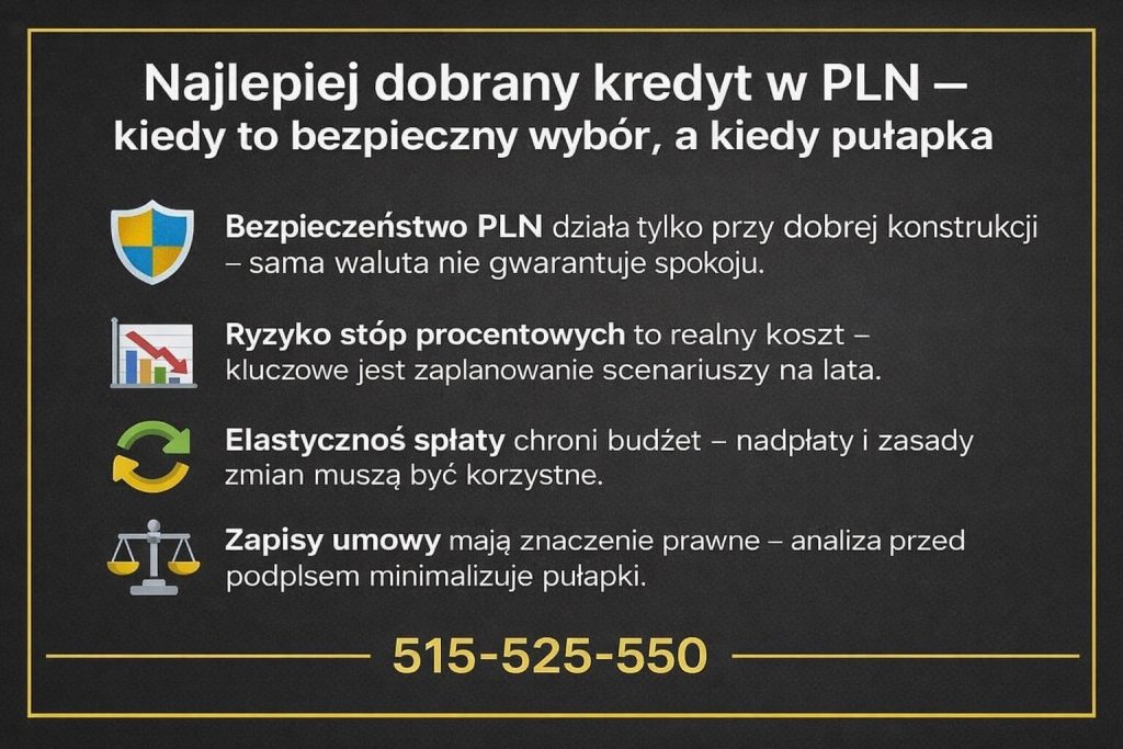 Grafika edukacyjna wyjaśniająca, kiedy kredyt złotówkowy jest bezpiecznym wyborem, a kiedy może stać się pułapką. Widoczne kluczowe elementy: ryzyko stóp procentowych, elastyczność spłaty oraz znaczenie analizy umowy kredytowej.