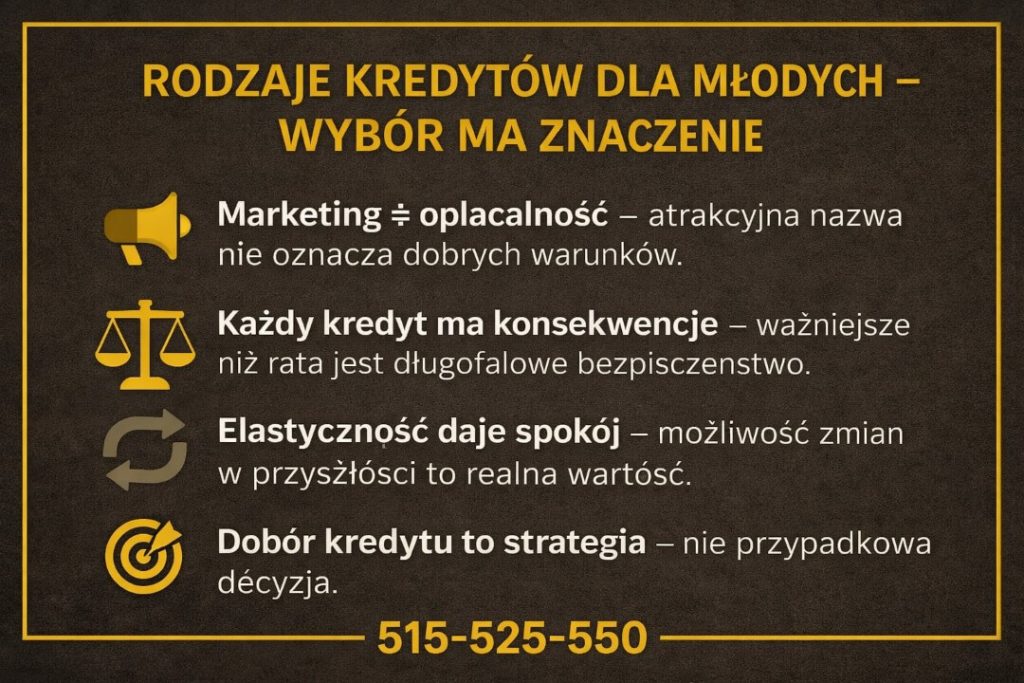 Grafika pokazuje, że marketingowa nazwa nie zawsze oznacza opłacalność, a wybór kredytu dla młodych powinien uwzględniać konsekwencje prawne, finansowe i długoterminowe bezpieczeństwo.