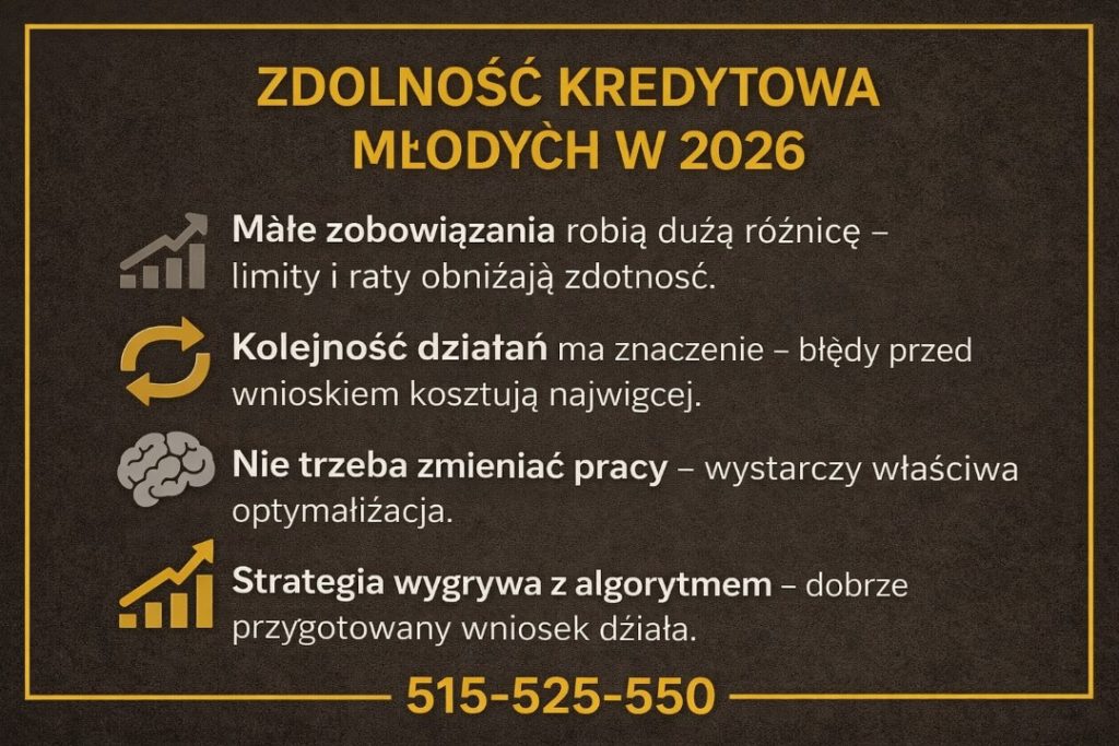 Zdolność kredytowa w 2026 roku przedstawiona na grafice eksperckiej. Materiał pokazuje, jak małe zobowiązania, kolejność działań i odpowiednia optymalizacja wpływają na ocenę banku oraz skuteczność wniosku kredytowego.