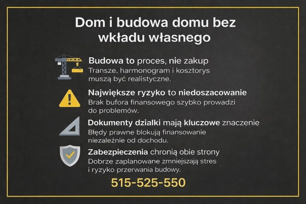 Kredyt hipoteczny bez wkładu własnego przy budowie domu - infografika pokazująca etapy finansowania, transze, harmonogram i ryzyka niedoszacowania kosztów. Doradca kredytowy i prawnik wyjaśniają, jak bezpiecznie zaplanować kredyt na budowę domu w 2026 roku.