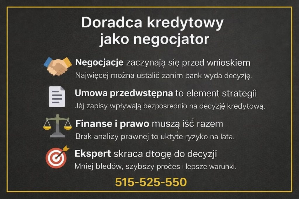 Doradca kredytowy jako negocjator. Grafika pokazuje znaczenie negocjacji przed wnioskiem, roli umowy przedwstępnej oraz połączenia finansów i prawa dla uzyskania lepszych warunków kredytu mieszkaniowego.