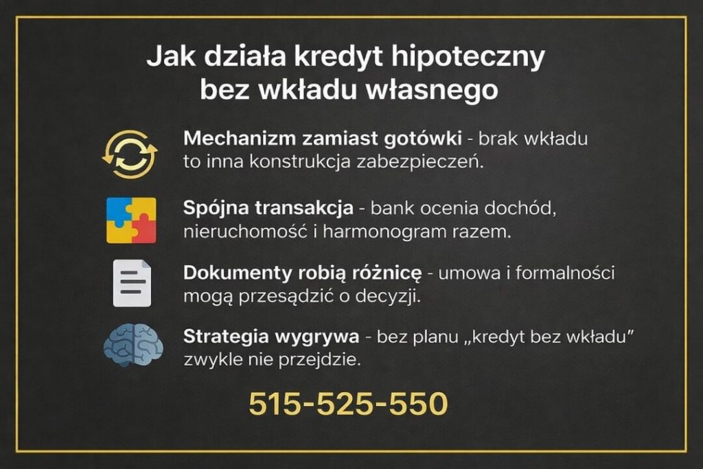 Jak działa kredyt hipoteczny bez wkładu własnego – infografika opisująca mechanizm zastąpienia gotówki, znaczenie spójnej transakcji, dokumentów i strategii. Eksperckie doradztwo kredytowe i prawne zwiększające szanse na decyzję pozytywną w 2026 roku.