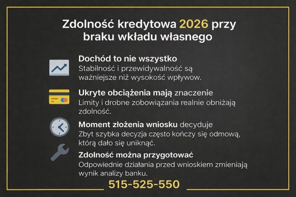 Zdolność kredytowa 2026. Infografika pokazuje, że stabilność dochodu, ukryte zobowiązania i moment złożenia wniosku mają kluczowe znaczenie. Przygotowanie zdolności z doradcą zwiększa skuteczność.