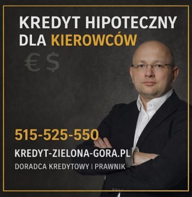 Doradca kredytowy i prawnik specjalizujący się w kredytach hipotecznych dla kierowców zawodowych. Grafika informacyjna przedstawiająca ofertę pomocy w uzyskaniu kredytu hipotecznego dla kierowców pracujących w Polsce i za granicą, z numerem telefonu kontaktowego 515-525-550.