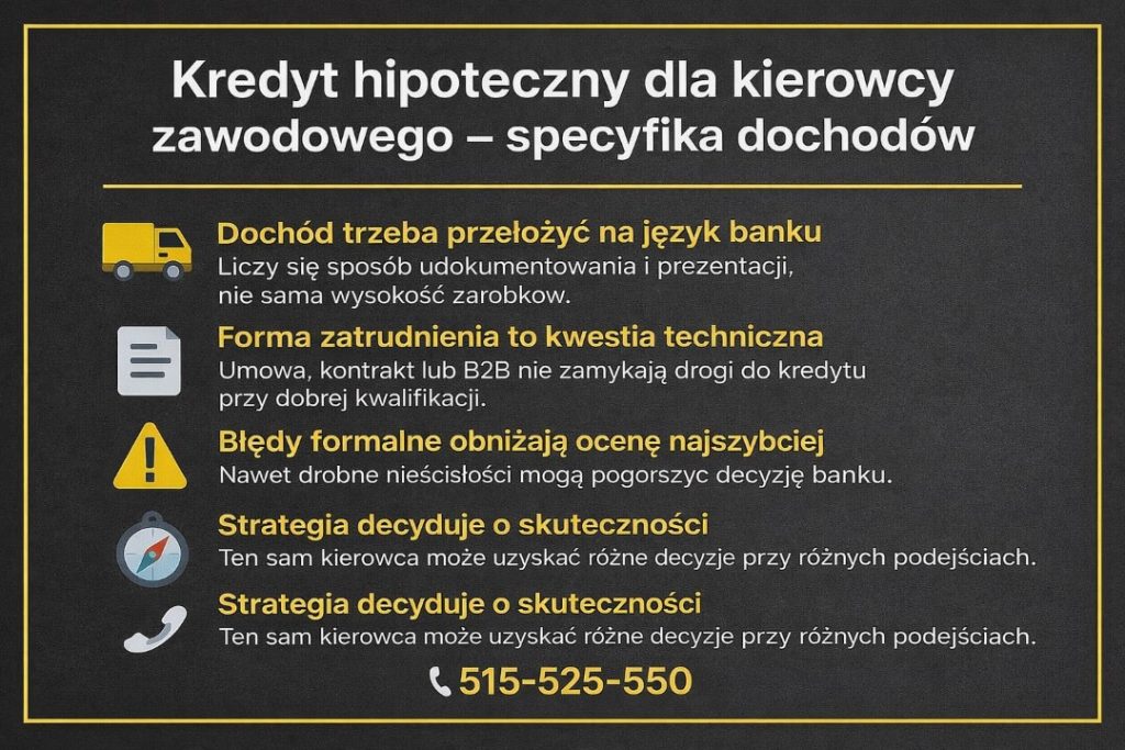 Kredyt hipoteczny dla kierowcy zawodowego - infografika pokazująca, jak bank ocenia dochody kierowców, formę zatrudnienia oraz znaczenie poprawnej dokumentacji finansowej. Grafika wyjaśnia, dlaczego struktura wynagrodzenia i strategia wniosku wpływają na decyzję kredytową.