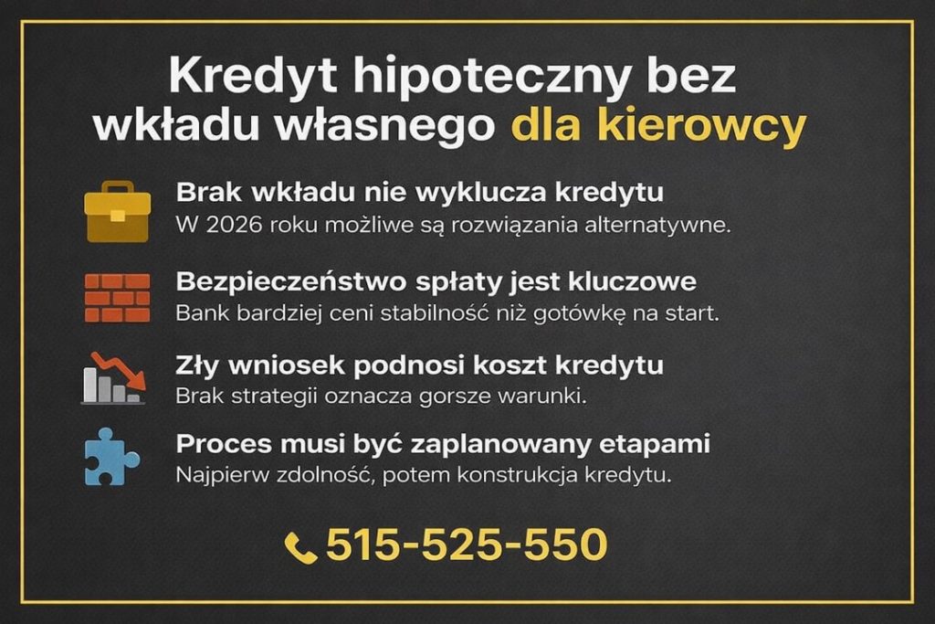 Kredyt hipoteczny dla kierowcy bez wkładu własnego – infografika wyjaśniająca zasady finansowania nieruchomości w 2026 roku. Grafika pokazuje, że bank bardziej ocenia bezpieczeństwo spłaty i strategię kredytową niż samą gotówkę na start.