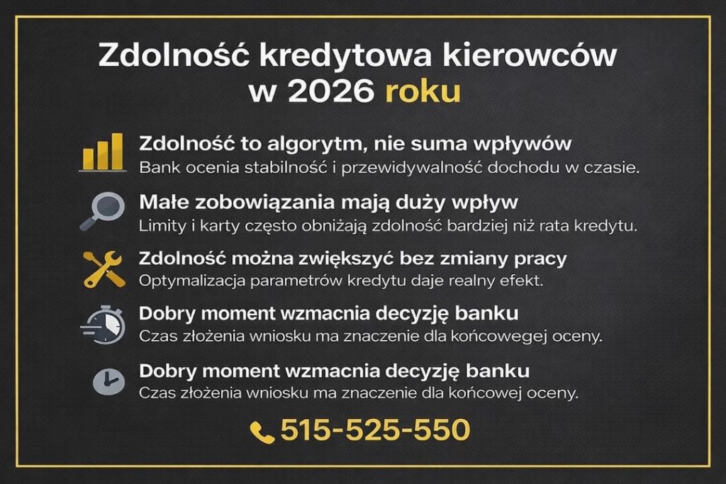 Zdolność kredytowa w 2026 roku – grafika przedstawiająca, jak bank analizuje stabilność dochodów, wpływ drobnych zobowiązań oraz znaczenie momentu złożenia wniosku. Ilustracja pokazuje, jak zwiększyć szanse na pozytywną decyzję kredytową.