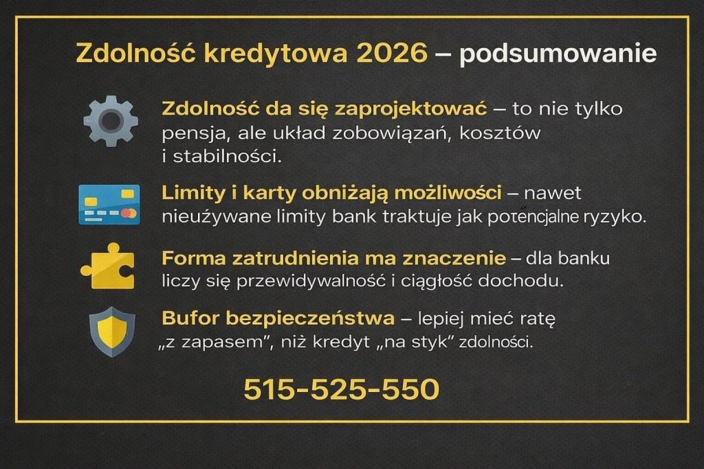 Kredyt hipoteczny na start - grafika pokazująca, jak banki liczą zdolność kredytową w 2026 roku. Uwzględnia projektowanie zdolności, wpływ kart i limitów, formę zatrudnienia oraz znaczenie bufora bezpieczeństwa przy wyborze wysokości raty kredytu hipotecznego.