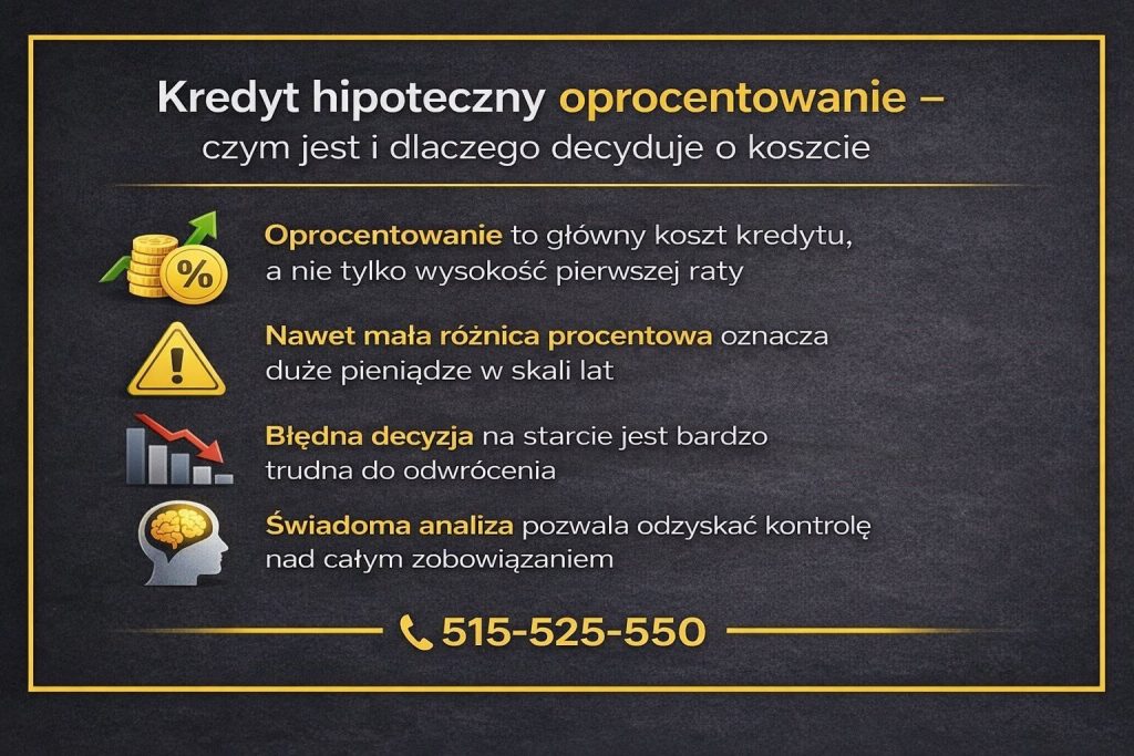 Kredyt hipoteczny oprocentowanie wyjaśnione w praktyczny sposób - grafika pokazuje, dlaczego oprocentowanie jest kluczowym kosztem kredytu mieszkaniowego, jak nawet niewielka różnica procentowa wpływa na całkowitą kwotę do spłaty i czemu decyzja na starcie ma długofalowe skutki finansowe.