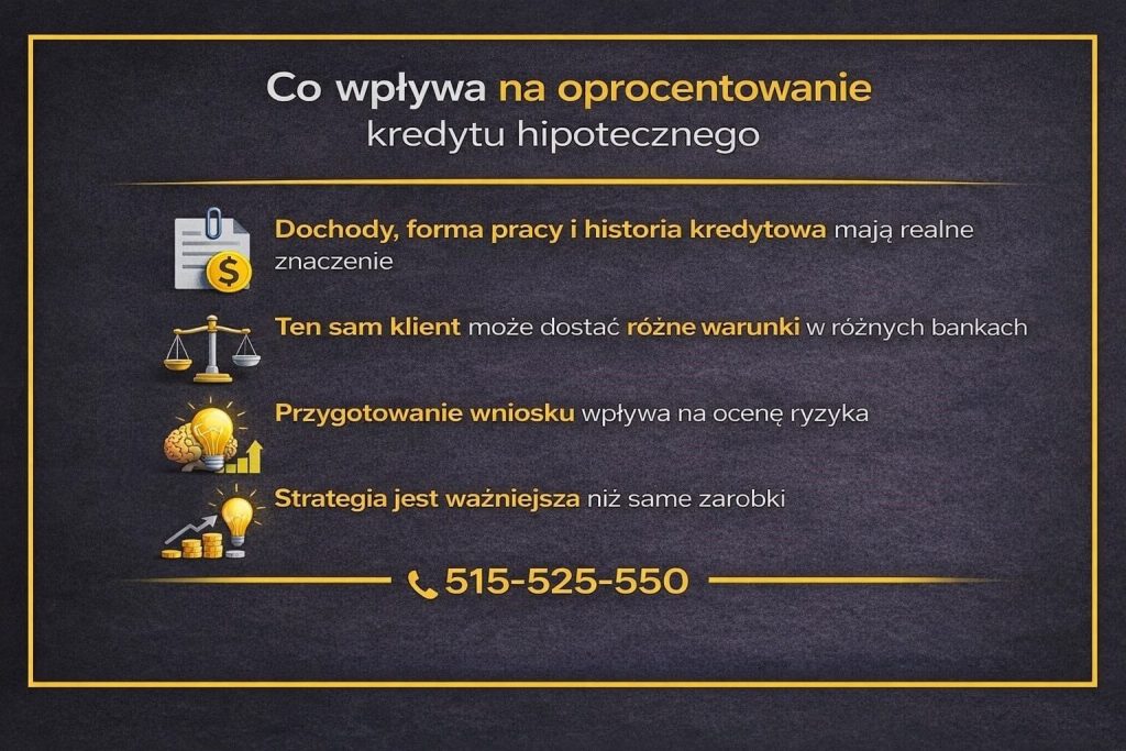 Kredyt hipoteczny oprocentowanie zależy od wielu czynników - grafika przedstawia wpływ dochodów, formy zatrudnienia, historii kredytowej oraz sposobu przygotowania wniosku, pokazując, że ten sam klient może otrzymać różne warunki w zależności od strategii i banku.