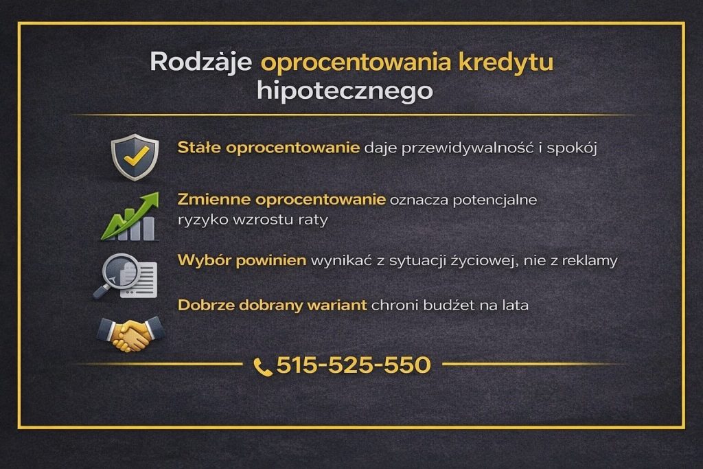 Rodzaje oprocentowania w kredycie hipotecznym przedstawione na grafice pokazują różnice między stałym i zmiennym oprocentowaniem, podkreślając znaczenie dopasowania wariantu do sytuacji życiowej, odporności budżetu na ryzyko oraz potrzeby stabilności finansowej na lata.